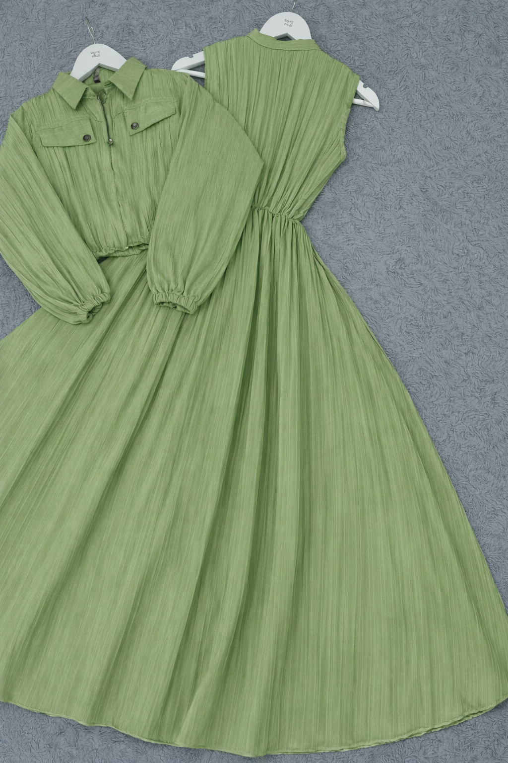 Elegant Forest Green Pleated Co-ord Set: Zip-Up Cropped Jacket & Maxi Skirt