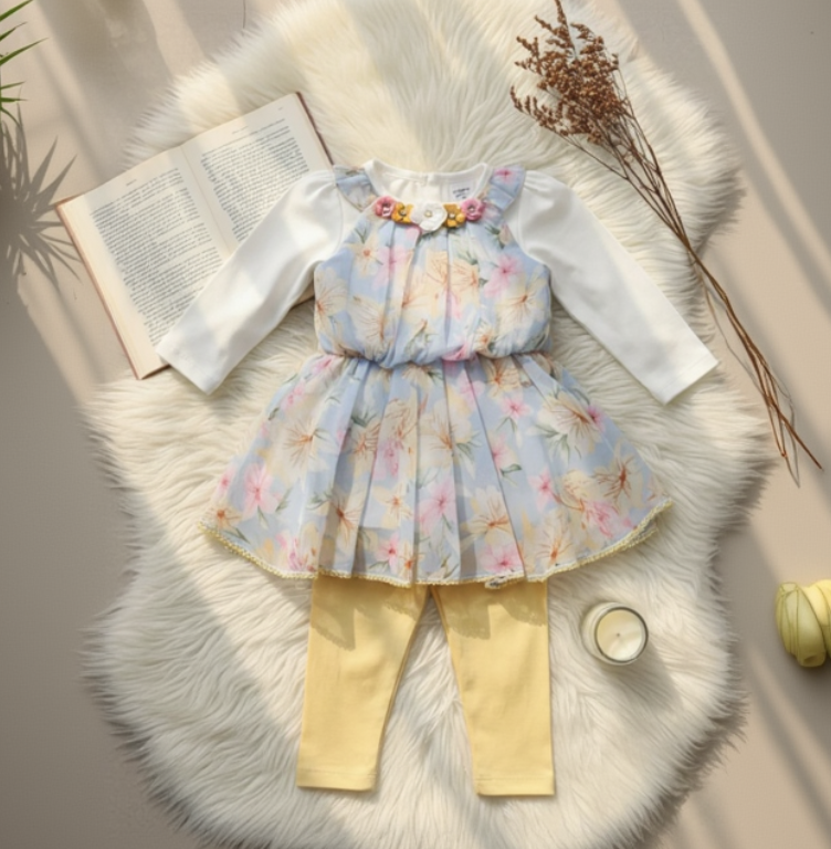 Elegant Blue Floral Pattern 2-Piece Set with White Lace Details.