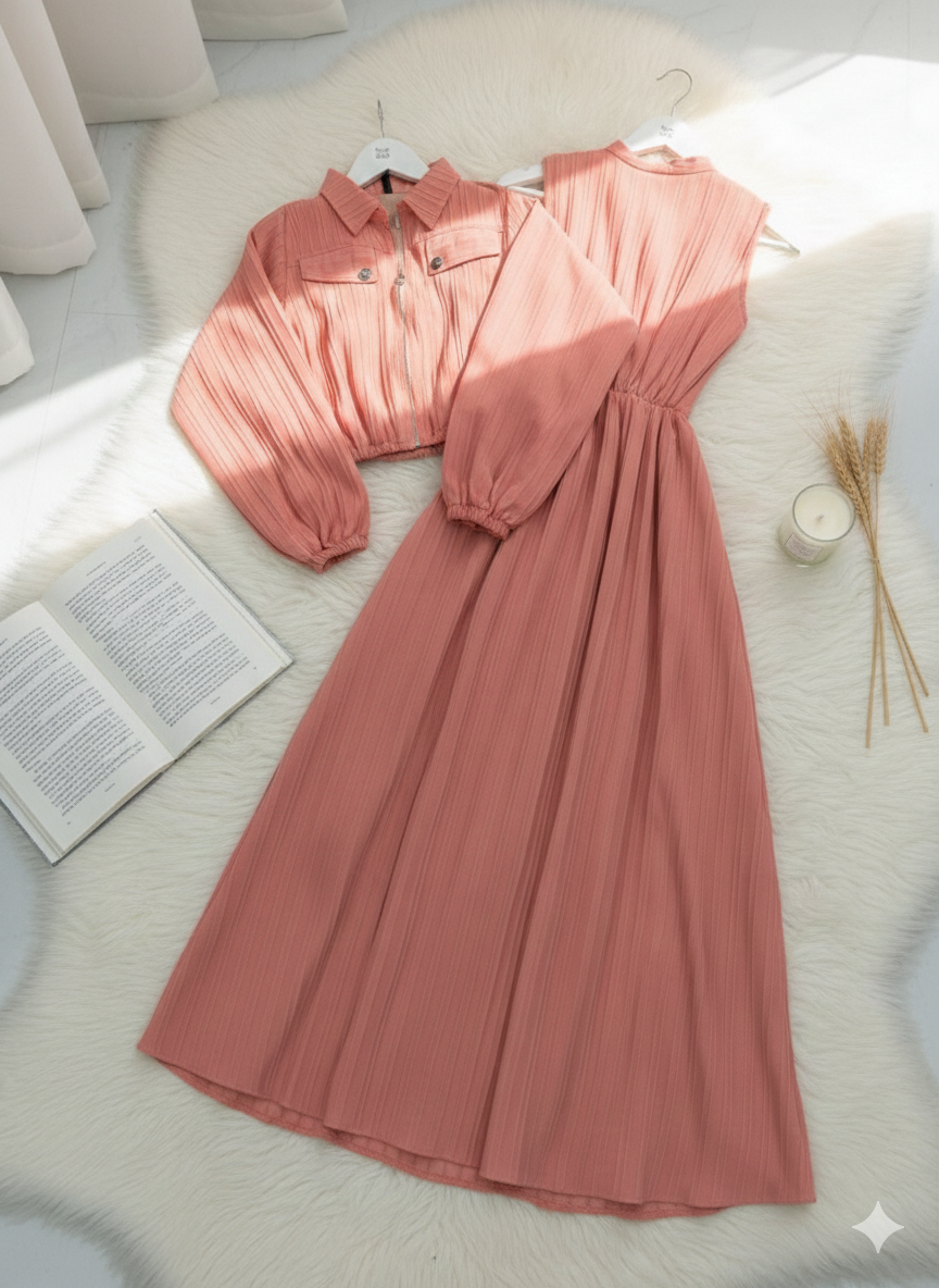 Elegant Mauve Pink Pleated Co-ord Set Ribbed Cropped Jacket & Maxi Skirt