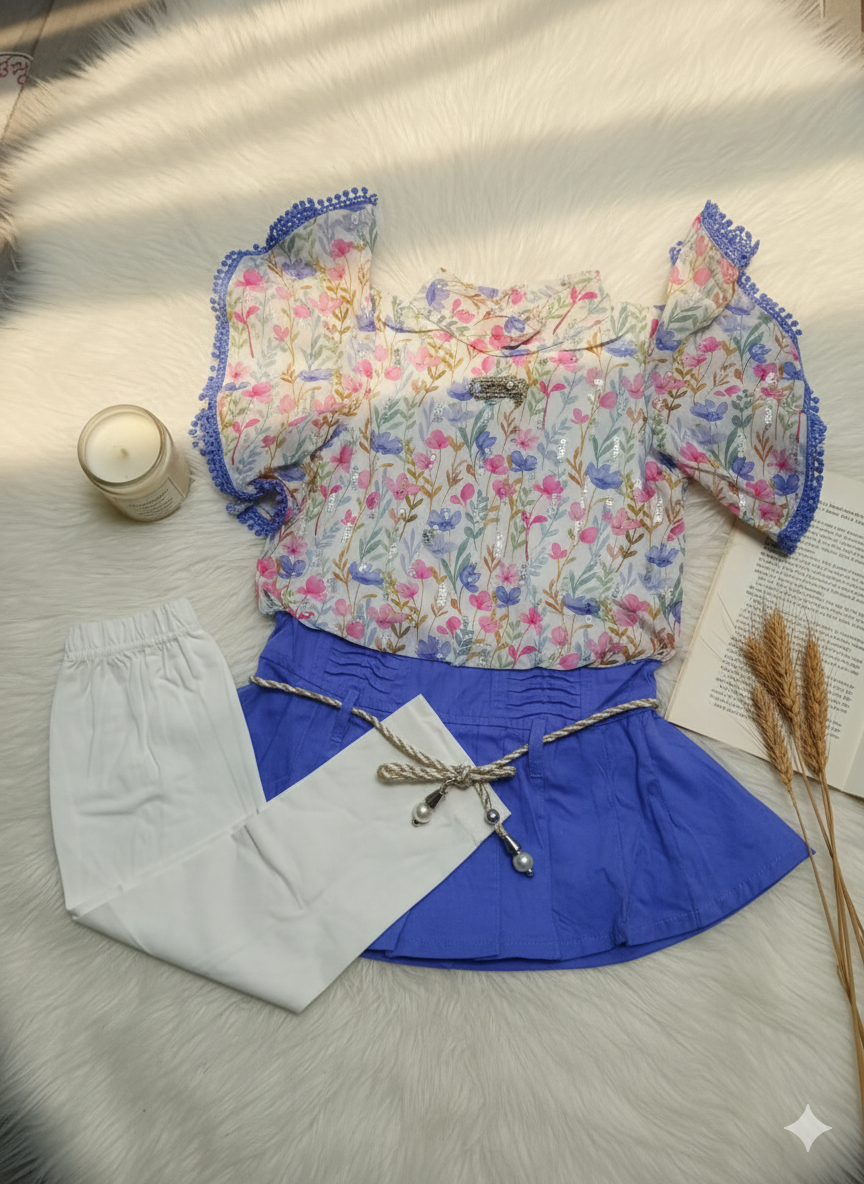 Floral Fantasy: Elegant 2-Piece Ruffle Sleeve Top with Pleated Skirt & Tights Set