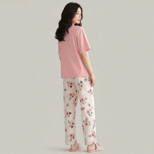 Pink Floral Pocket Printed NightWear Set for Women S-XL