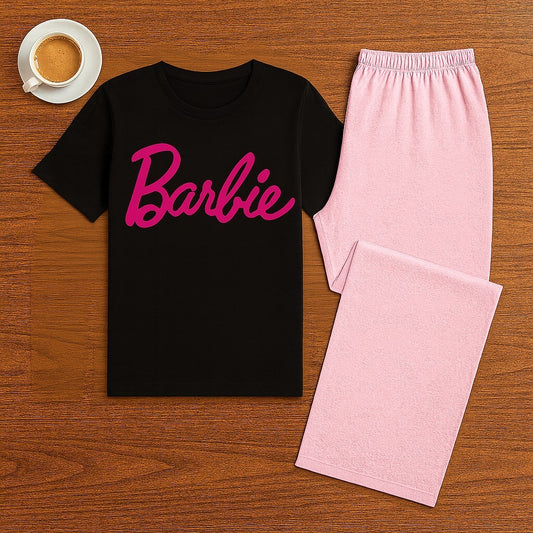 Barbie Print Black T-Shirt & Trouser Nightwear Set for Girls & Women 7-14 / S-XL