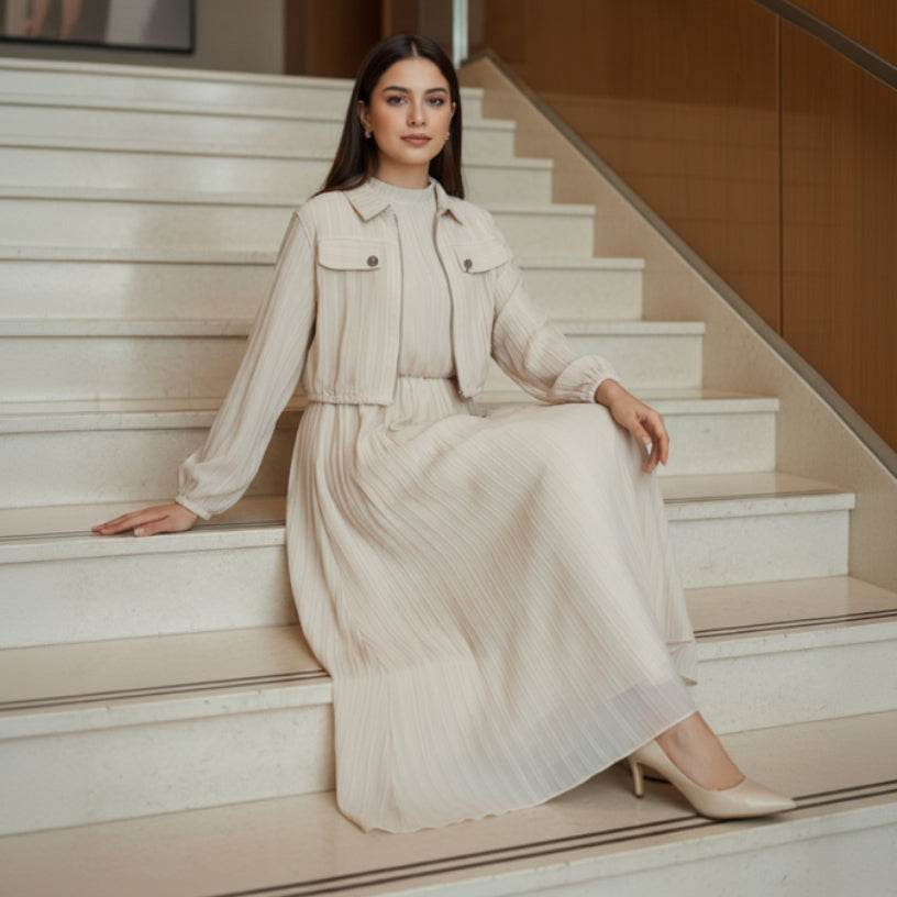 Elegant Co-ord Set Ribbed Cropped Jacket & Maxi Skirt