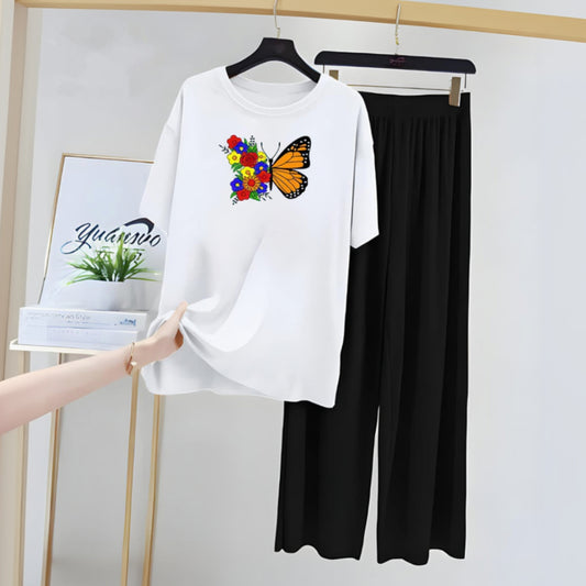 ButterFlower Print White T-Shirt & Black Trouser Nightwear Set for Women S-XL