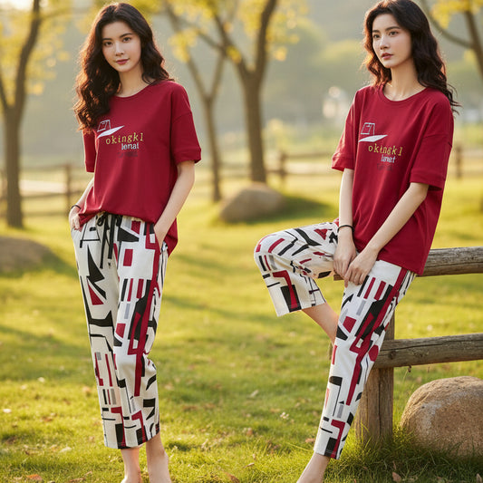 Red Half Sleeves Printed NightWear Set for Girls & Women 7-14 / S-XL