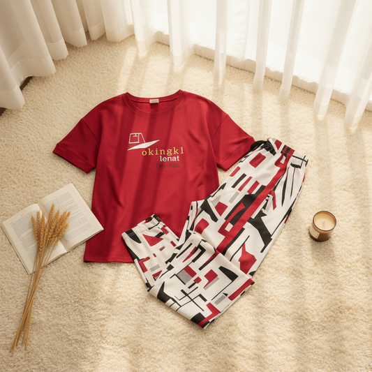 Red Half Sleeves Printed NightWear Set for Women S-XL