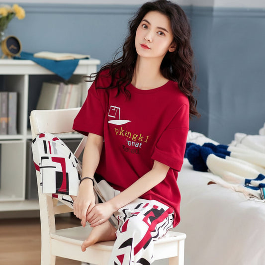Red Half Sleeves Printed NightWear Set for Women S-XL