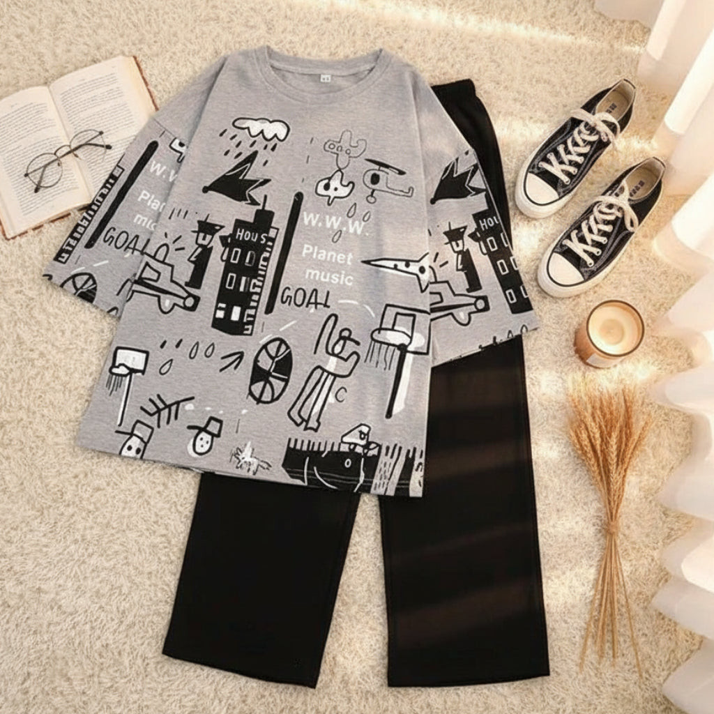 Relax Fit Oversized T-Shirt and Trouser Set for Girls 7-14