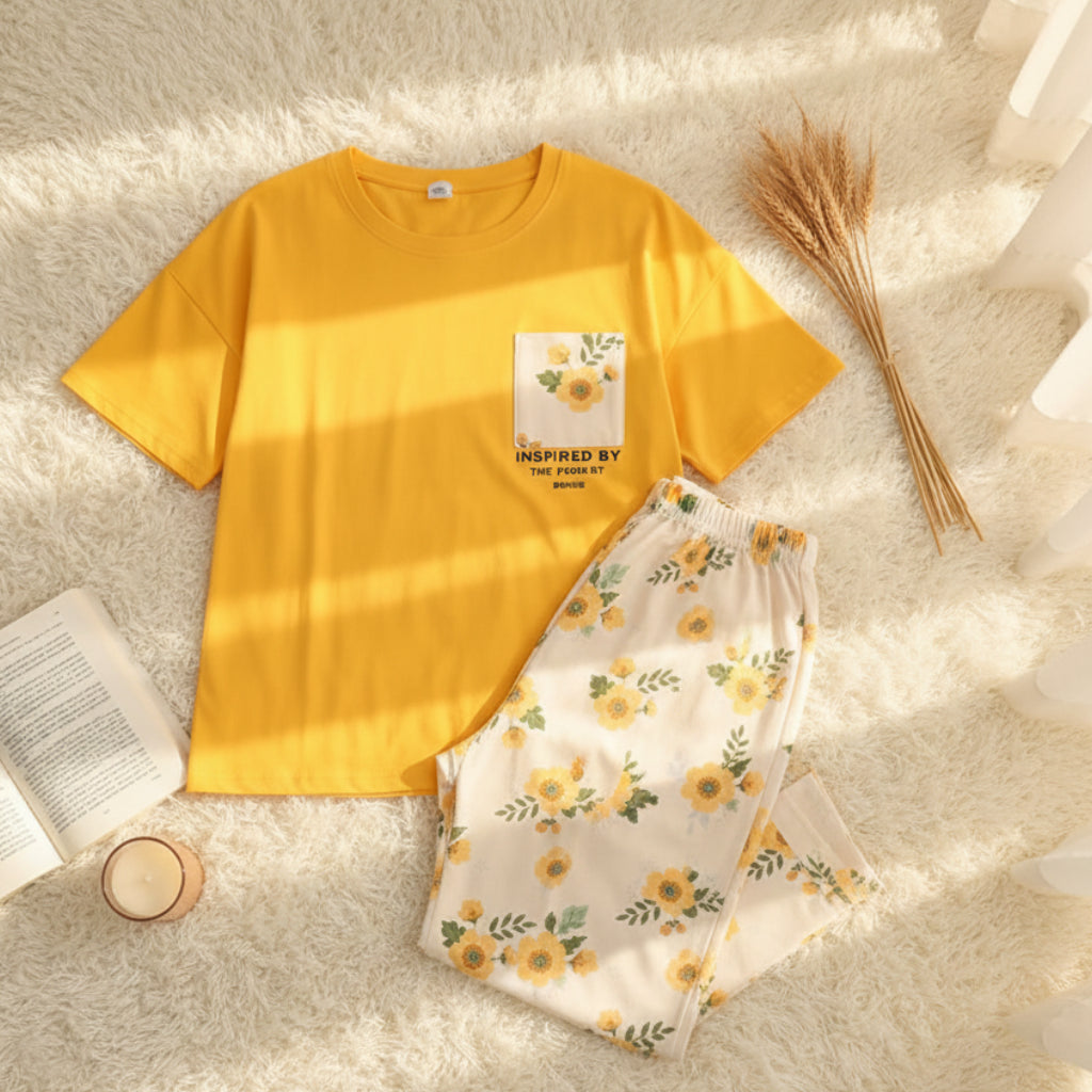 Yellow Pocket Printed Night Suit