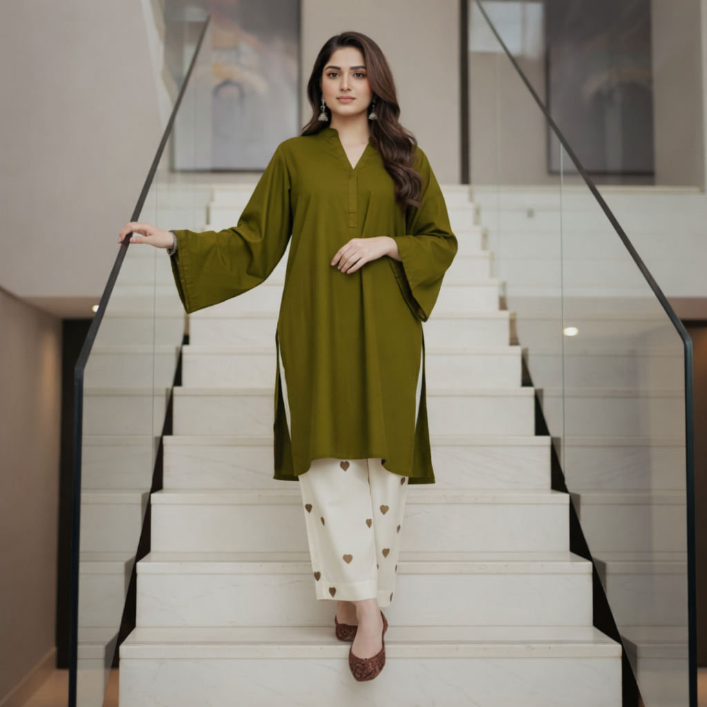 Olive Green Kurta and Embroidered Heart-Print Trouser Set 2pce