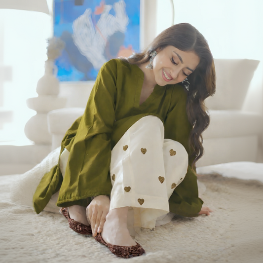 Olive Green Kurta and Embroidered Heart-Print Trouser Set 2pce