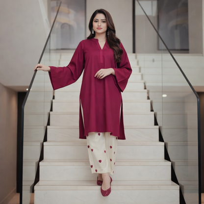 Vintage Pink Kurta and Embroidered Heart-Print Trouser Set 2pce