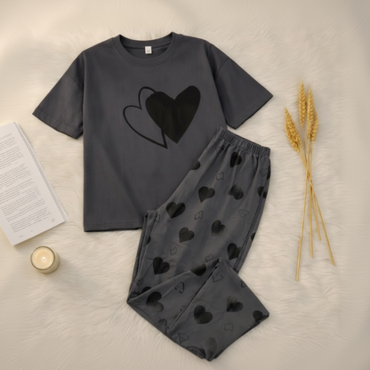 Dark Grey Heart Print T-Shirt & Trouser Nightwear Set t for Women S-XL