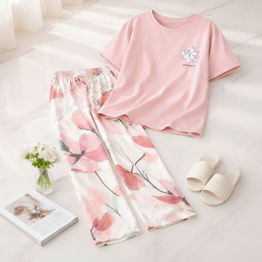Baby Pink Flower Printed Half Sleeves Shirt and Printed Trouser Night Wear Set for Women S-XL