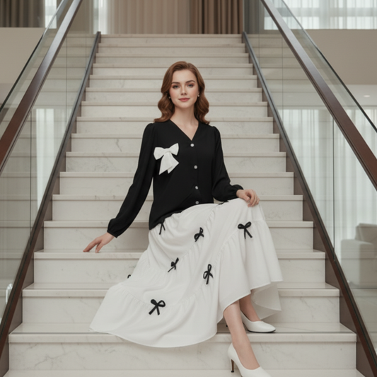 Black White Stylish Imported Bow Skirt and Shirt 2pc