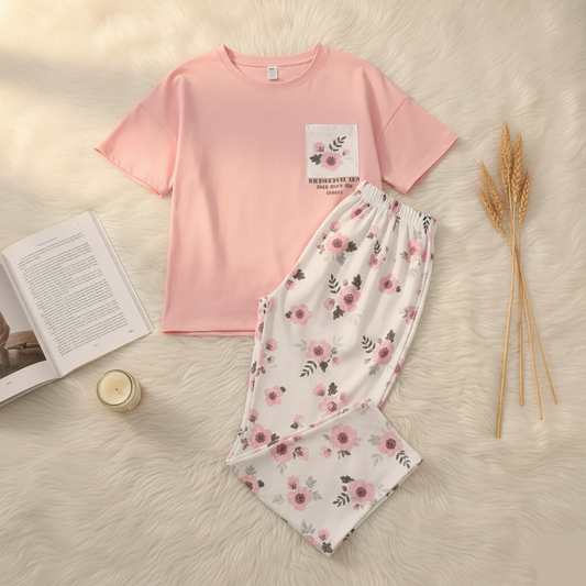Pink Floral Pocket Printed NightWear Set for Women S-XL