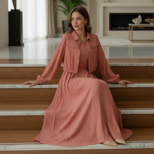 Elegant Mauve Pink Pleated Co-ord Set Ribbed Cropped Jacket & Maxi Skirt