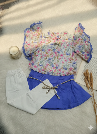 Floral Fantasy: Elegant 2-Piece Ruffle Sleeve Top with Pleated Skirt & Tights Set