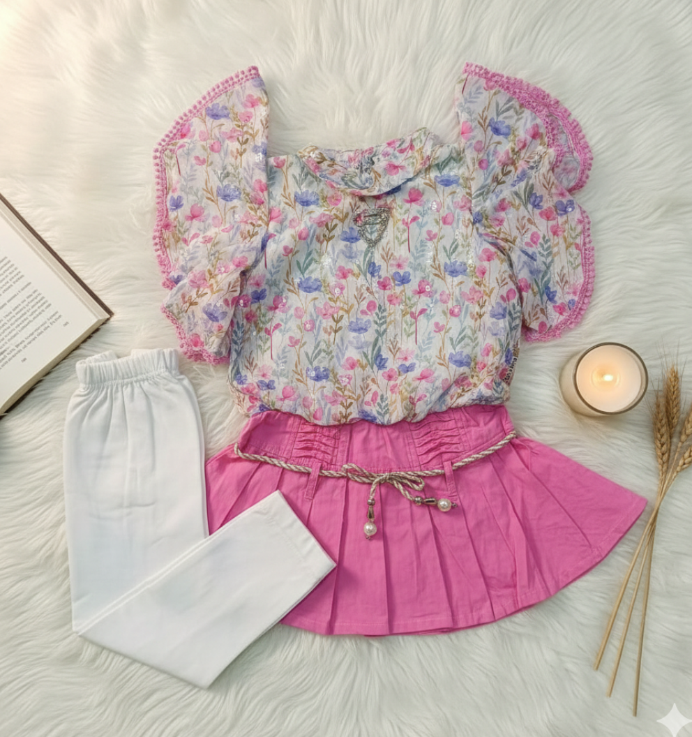Pink Floral Fantasy: Elegant 2-Piece Ruffle Sleeve Top with Pleated Skirt & Tights Set