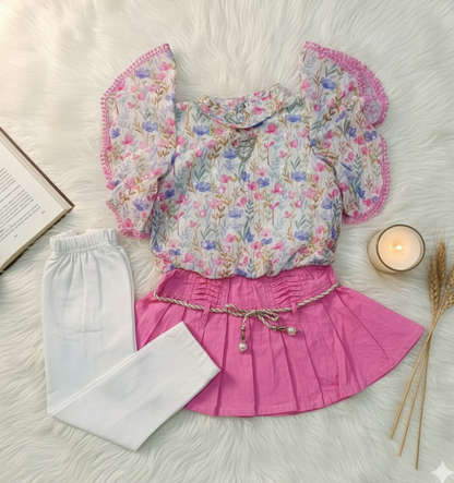 Pink Floral Fantasy: Elegant 2-Piece Ruffle Sleeve Top with Pleated Skirt & Tights Set