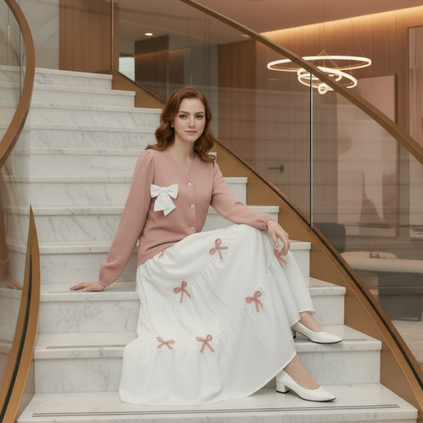 Pinkish White Stylish Imported Bow Skirt and Shirt 2pc