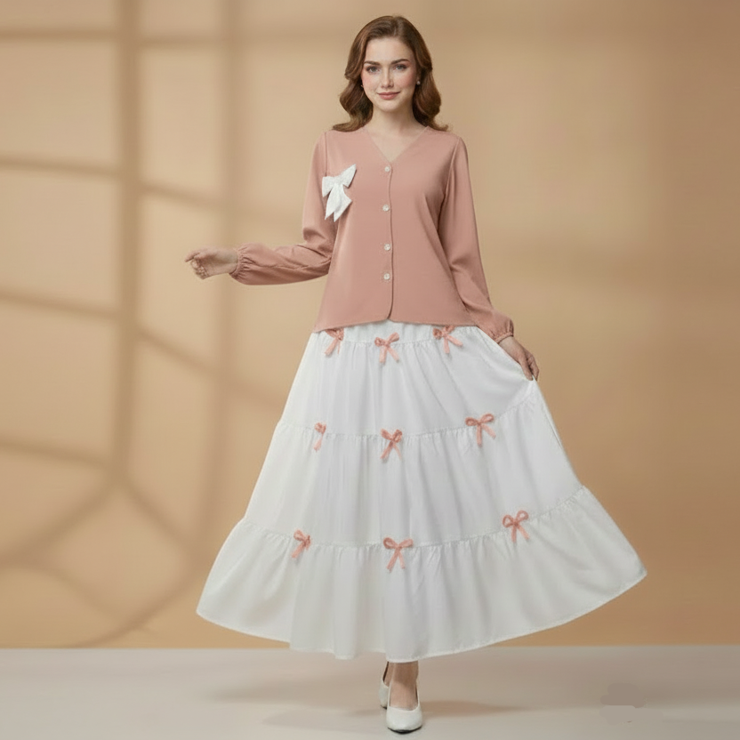 Pinkish White Stylish Imported Bow Skirt and Shirt 2pc