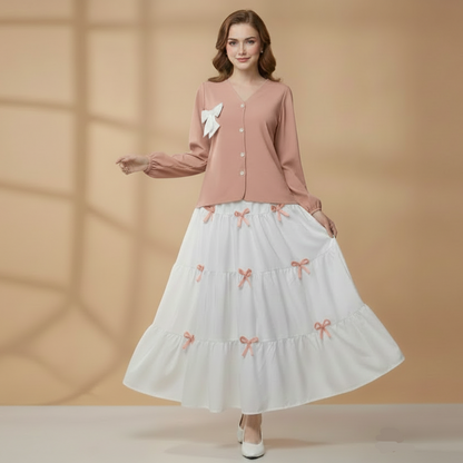 Pinkish White Stylish Imported Bow Skirt and Shirt 2pc