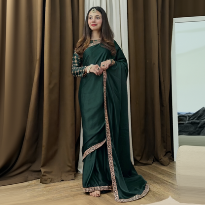 Fancy Embroidered Silk Saree With Matching Blouse Stitched