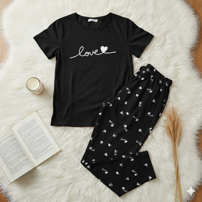 Love Heart Printed NightWear Set for Women  S-XL