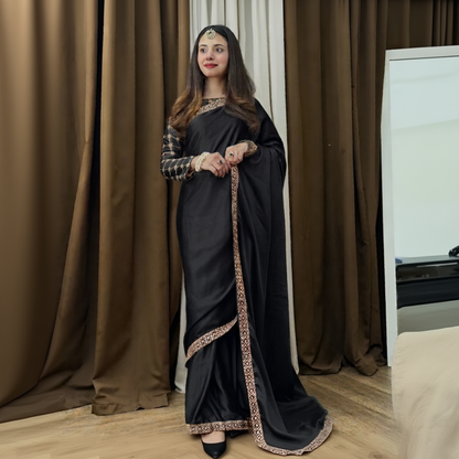Fancy Embroidered Silk Saree With Matching Blouse Stitched