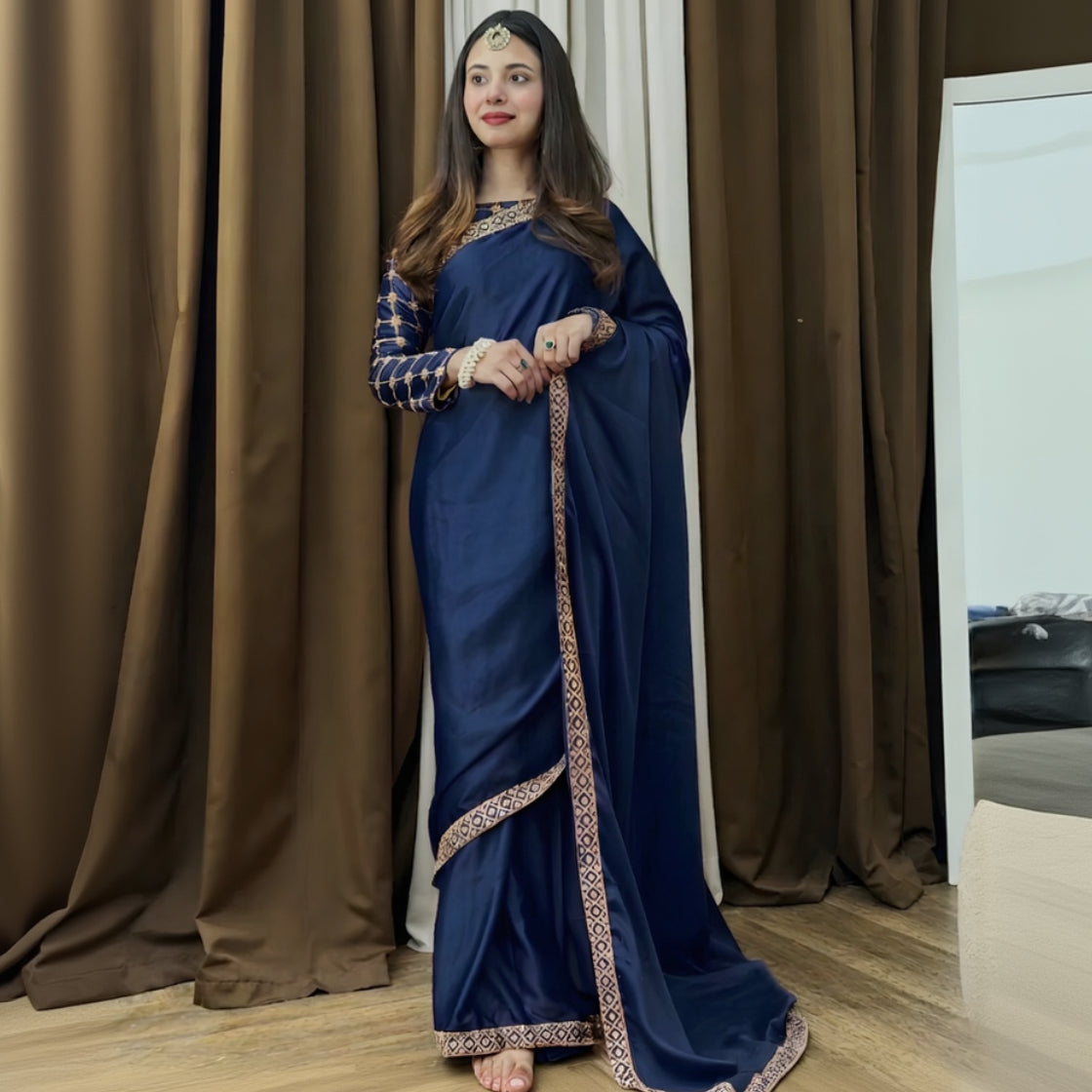 Fancy Embroidered Silk Saree With Matching Blouse Stitched