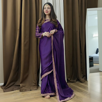 Fancy Embroidered Silk Saree With Matching Blouse Stitched