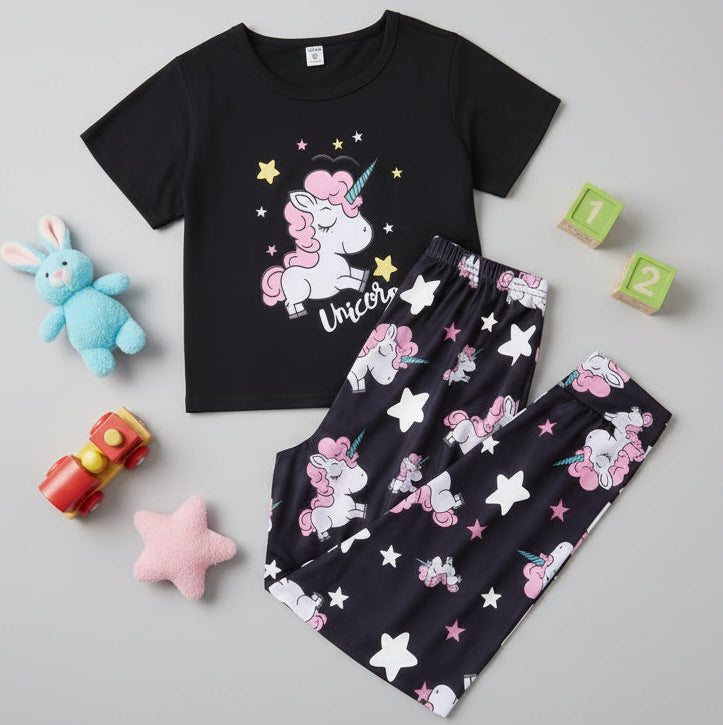 Black Unicorn Stars Printed Half Sleeves T-shirt with Trouser