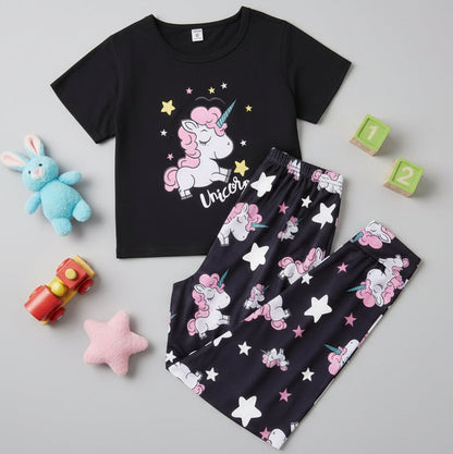 Black Unicorn Stars Printed Half Sleeves T-shirt with Trouser