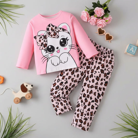 Pink Cute Kitty with Cheeta Pajama Printed Sleep Suit
