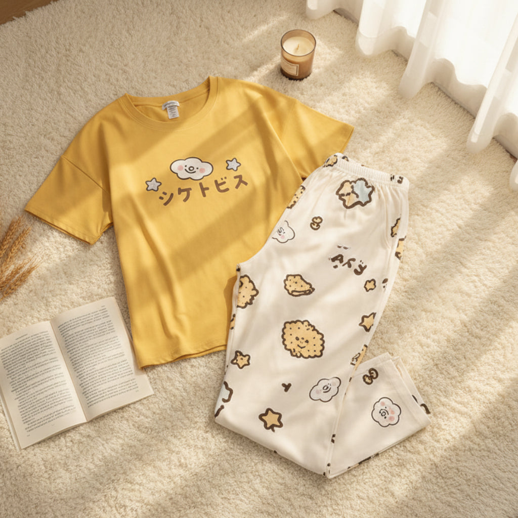 Yellow Little Bear Printed Female Nightwear