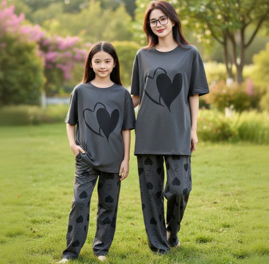 Dark Grey Heart Print T-Shirt & Trouser Nightwear Set t for Girls & Women 7-14 / S-XL