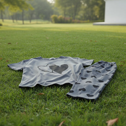 Dark Grey Heart Print T-Shirt & Trouser Nightwear Set t for Women S-XL