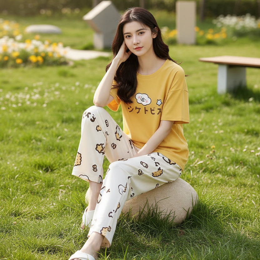 Yellow Little Bear Printed Female Nightwear