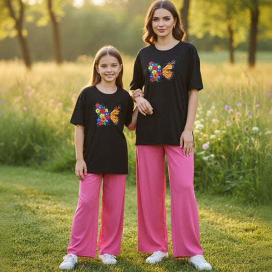 ButterFlower Print White T-Shirt & Trouser Nightwear Set for Girls & Women 7-14 / S-XL
