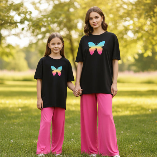 ButterFlower Print Black T-Shirt & Trouser Nightwear Set for Girls & Women 7-14 / S-XL
