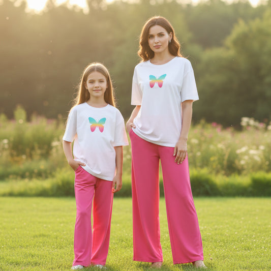 ButterFlower Print White T-Shirt & Trouser Nightwear Set for Girls & Women 7-14 / S-XL