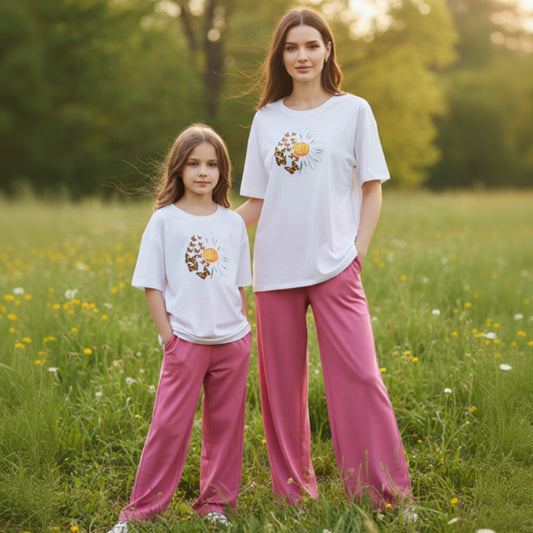 ButterFlower Print White T-Shirt & Trouser Nightwear Set for Girls & Women 7-14 / S-XL
