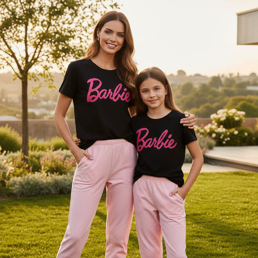 Barbie Print Black T-Shirt & Trouser Nightwear Set for Girls & Women 7-14 / S-XL