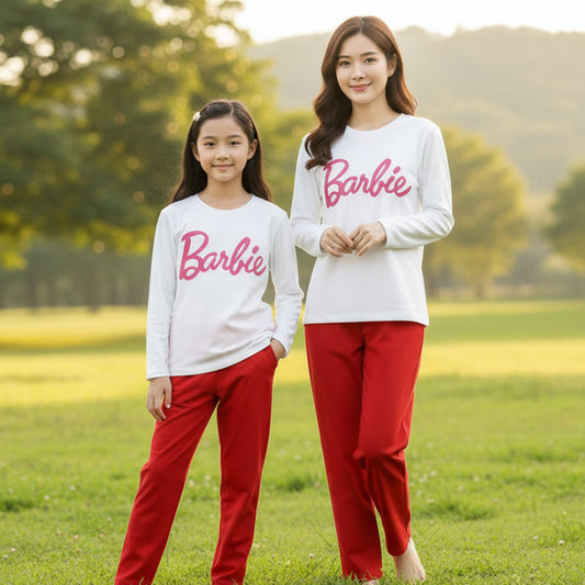 Barbie Print White T-Shirt & Trouser Nightwear Set for Girls & Women 7-14 / S-XL