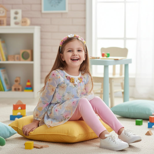 Elegant Blue Floral Pattern 2-Piece Set with White Lace Details.