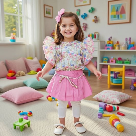 Pink Floral Fantasy: Elegant 2-Piece Ruffle Sleeve Top with Pleated Skirt & Tights Set