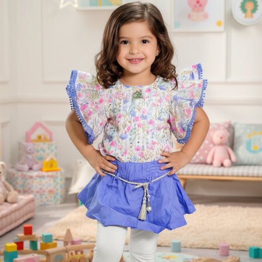 Floral Fantasy: Elegant 2-Piece Ruffle Sleeve Top with Pleated Skirt & Tights Set