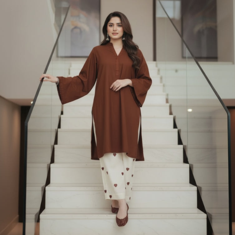 Coffee Brown Kurta and Embroidered Heart-Print Trouser Set 2pce