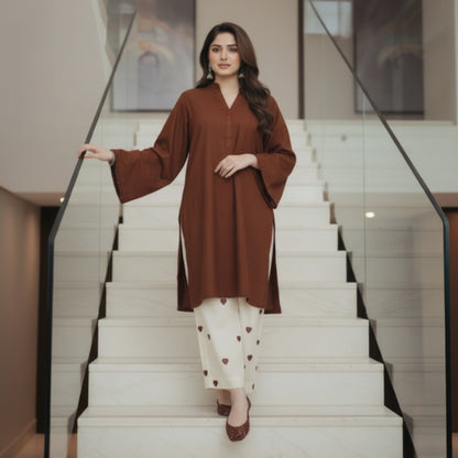 Coffee Brown Kurta and Embroidered Heart-Print Trouser Set 2pce